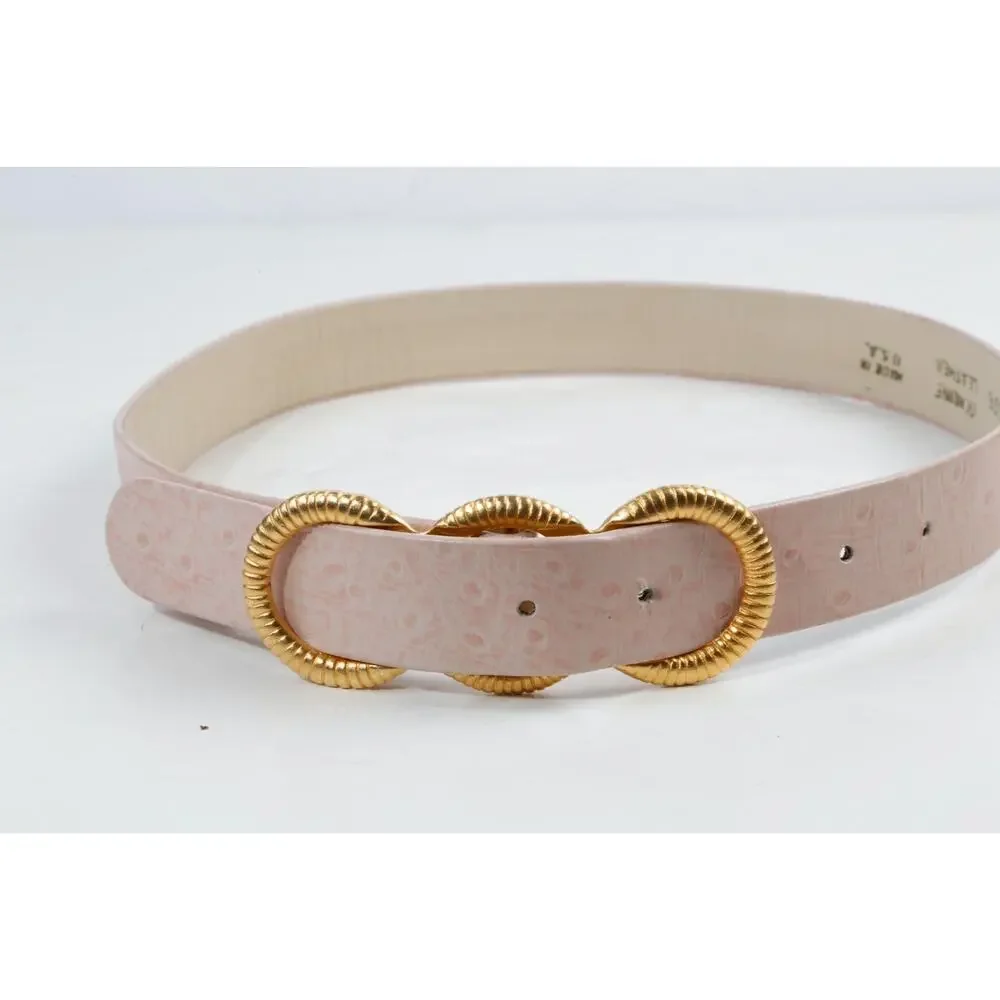 VTG Carlisle Blush Pink Ostrich Leather Belt Gold Ribbed Triple Ring Buckle M